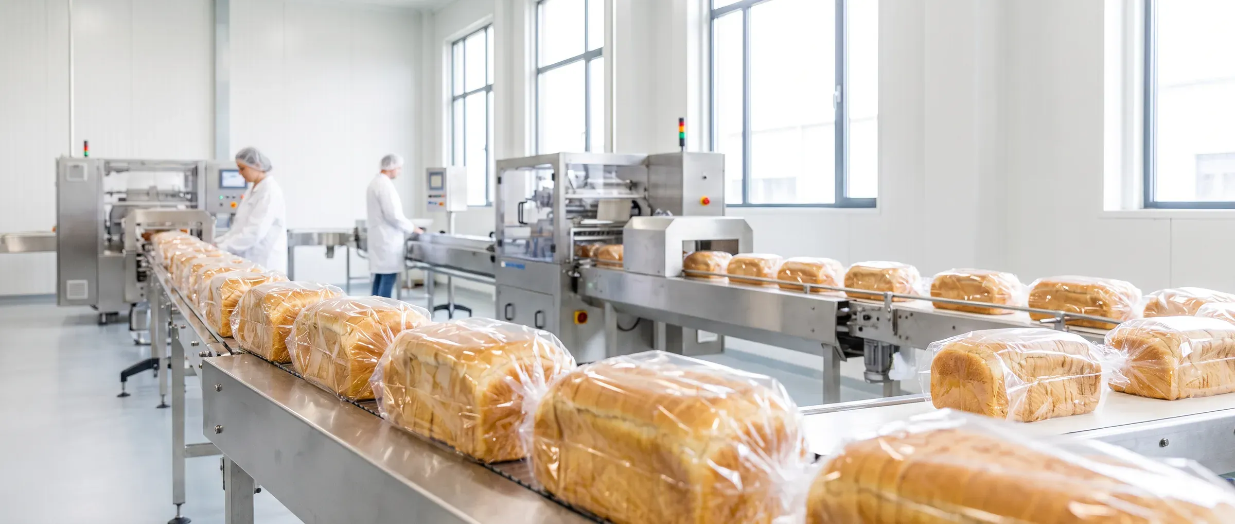 Linha de embalamento de pão de forma numa fábrica de marca própria