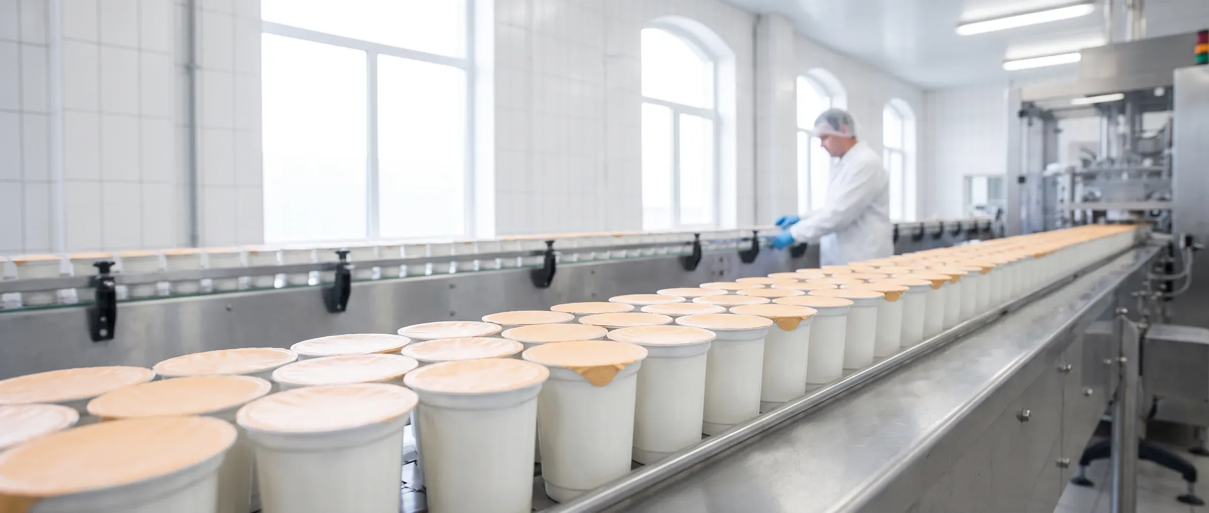 Linha de enchimento e selagem de iogurtes numa fábrica de lacticínios